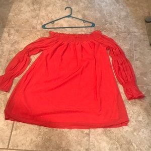 Bright coral/red off the shoulder dress!